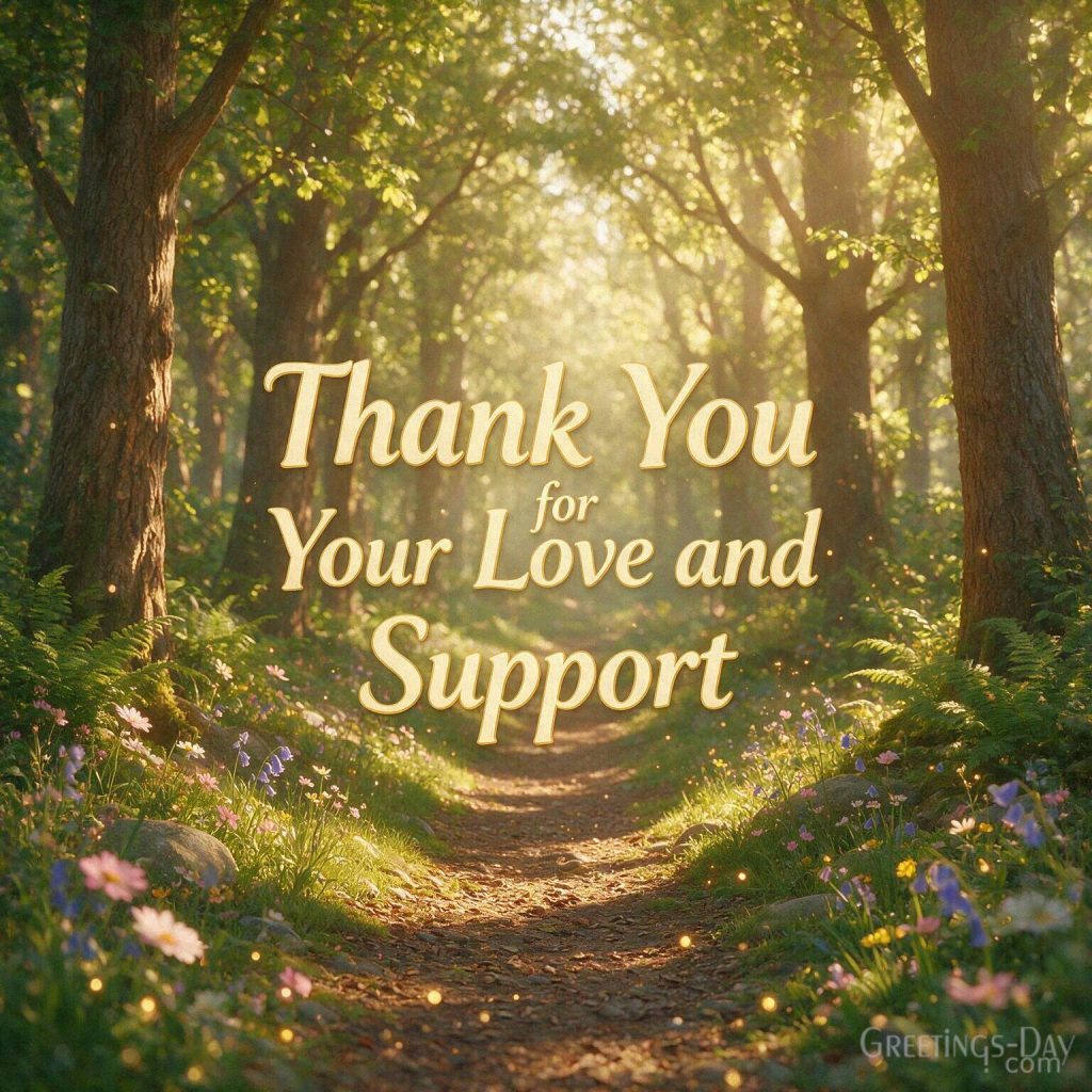 Thank You for your support image with a sunlit woodland path and the heartfelt message “Thank You for Your Love and Support.” with the text 