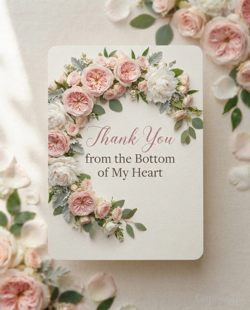 Heartfelt Thank You image with elegant pink roses and the message “Thank You from the Bottom of My Heart.” with the text 