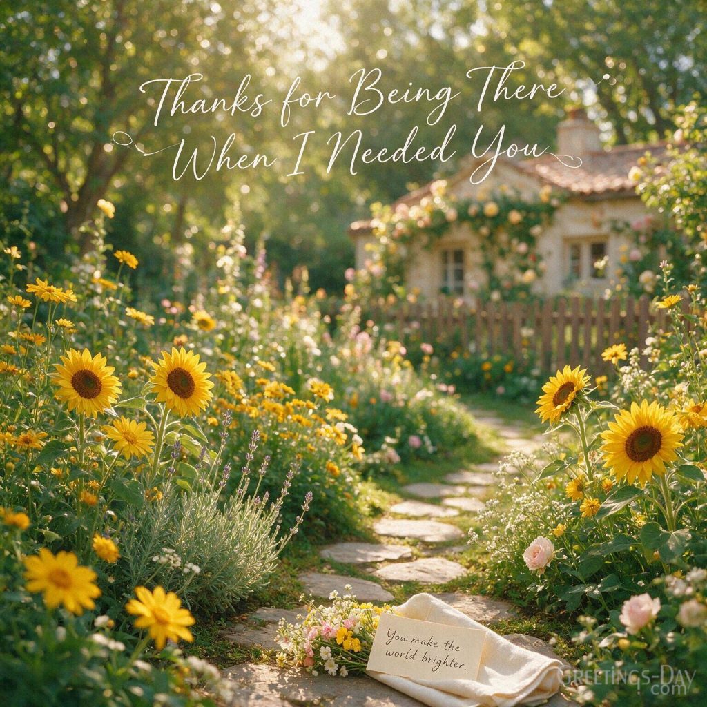 Heartfelt Thank You image with a bright flower garden saying “Thanks for Being There When I Needed You.” with the text