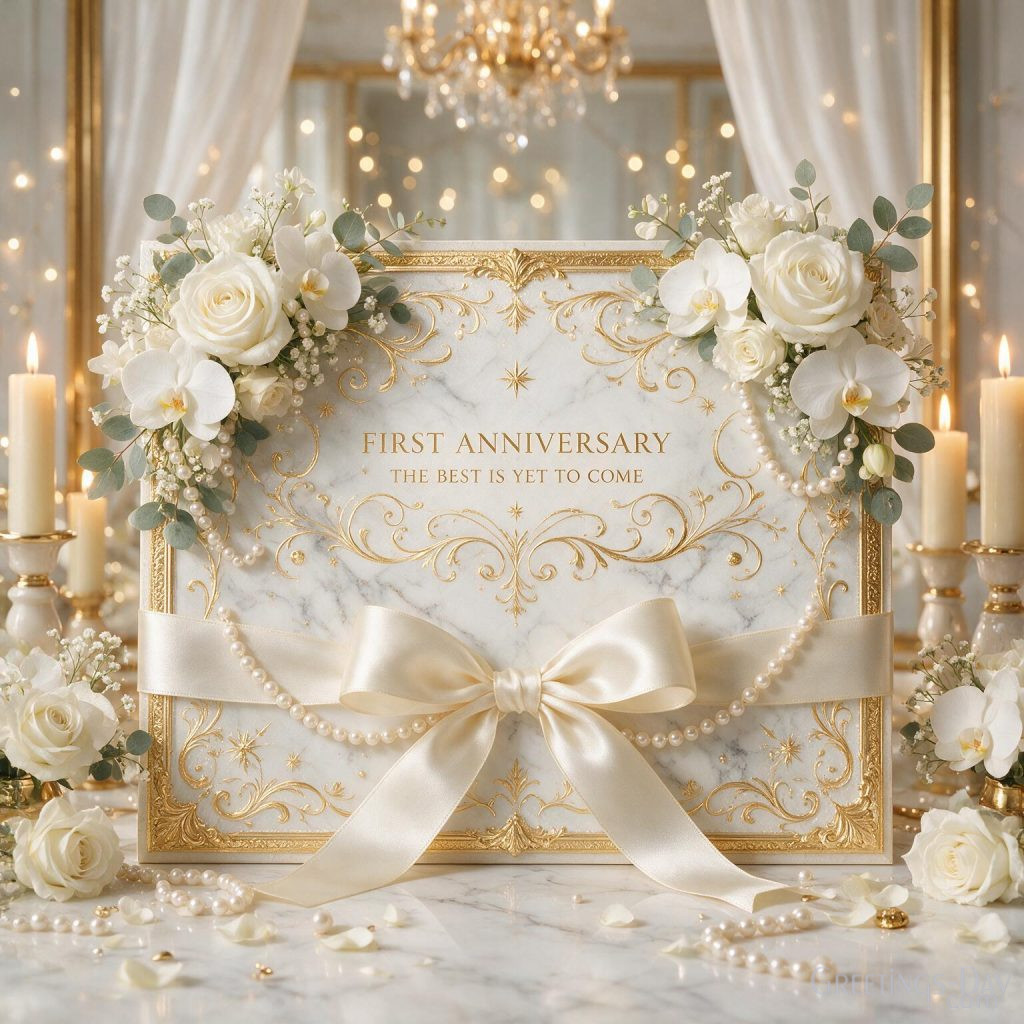 Premium First Anniversary picture with elegant floral arrangement and The Best Is Yet to Come anniversary greeting