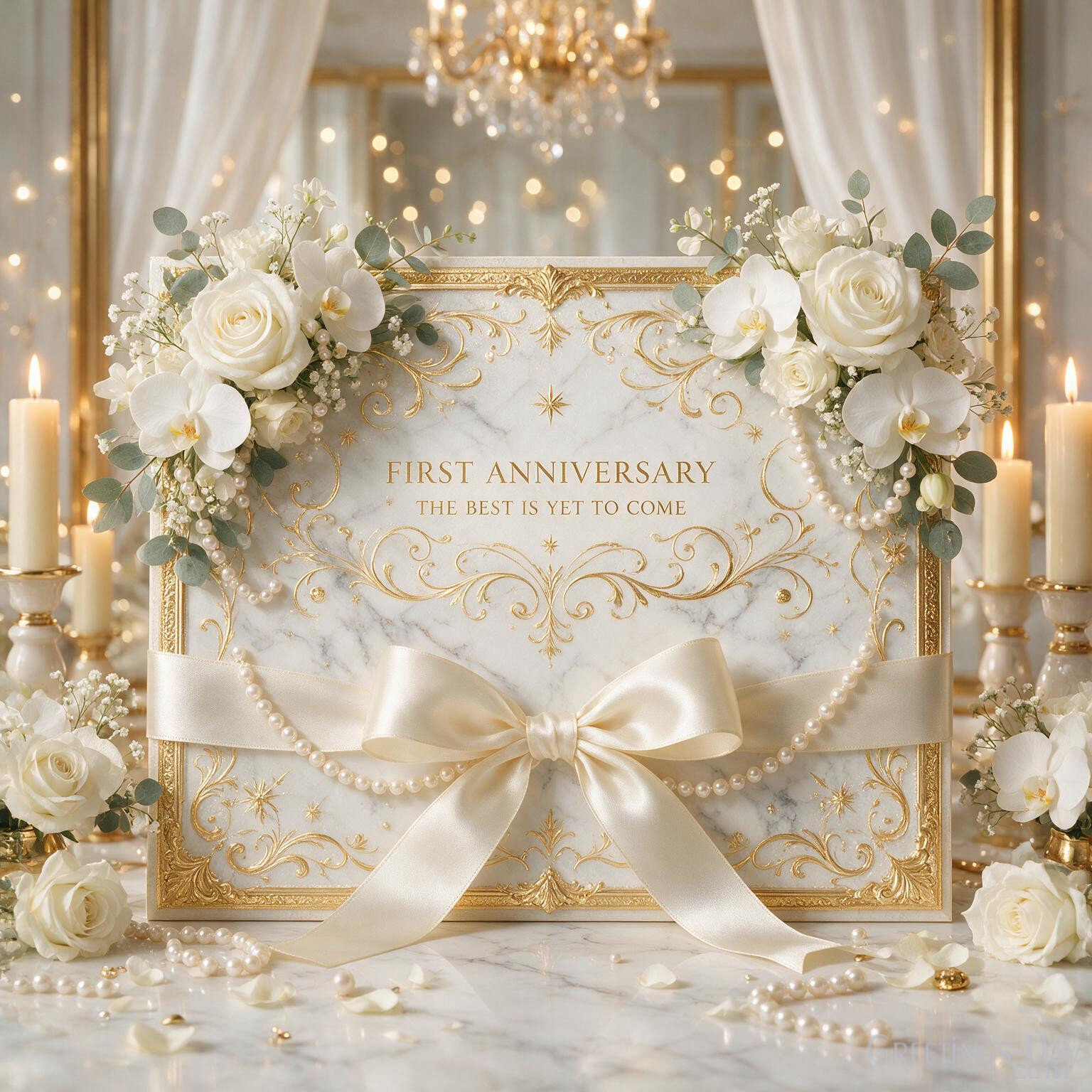 Premium First Anniversary picture with elegant floral arrangement and The Best Is Yet to Come anniversary greeting