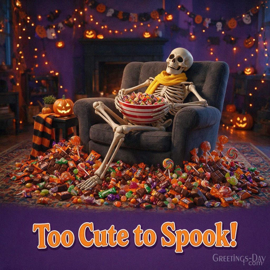 Funny Halloween card with a playful skeleton