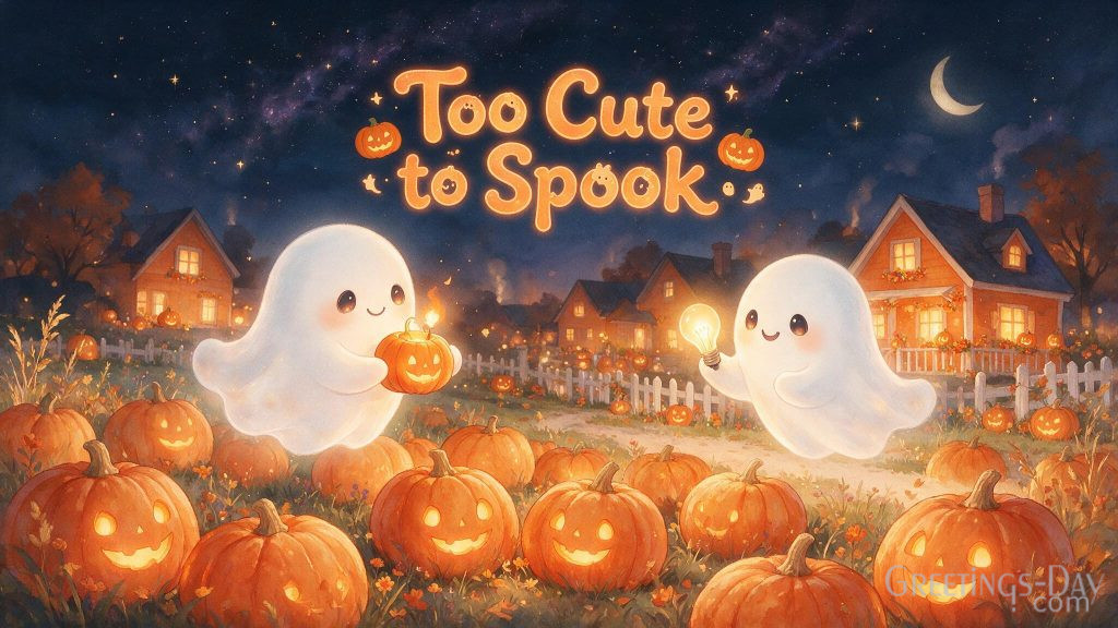 Too Cute to Spook Halloween wallpaper featuring adorable ghosts and pumpkin patch