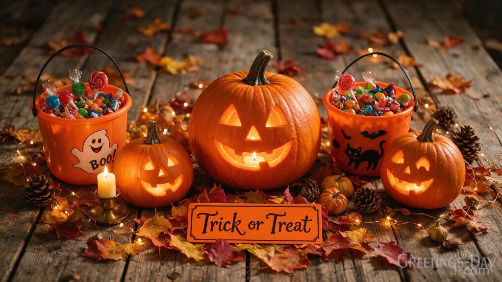 Trick or Treat Halloween wallpaper with festive candy buckets and smiling pumpkins