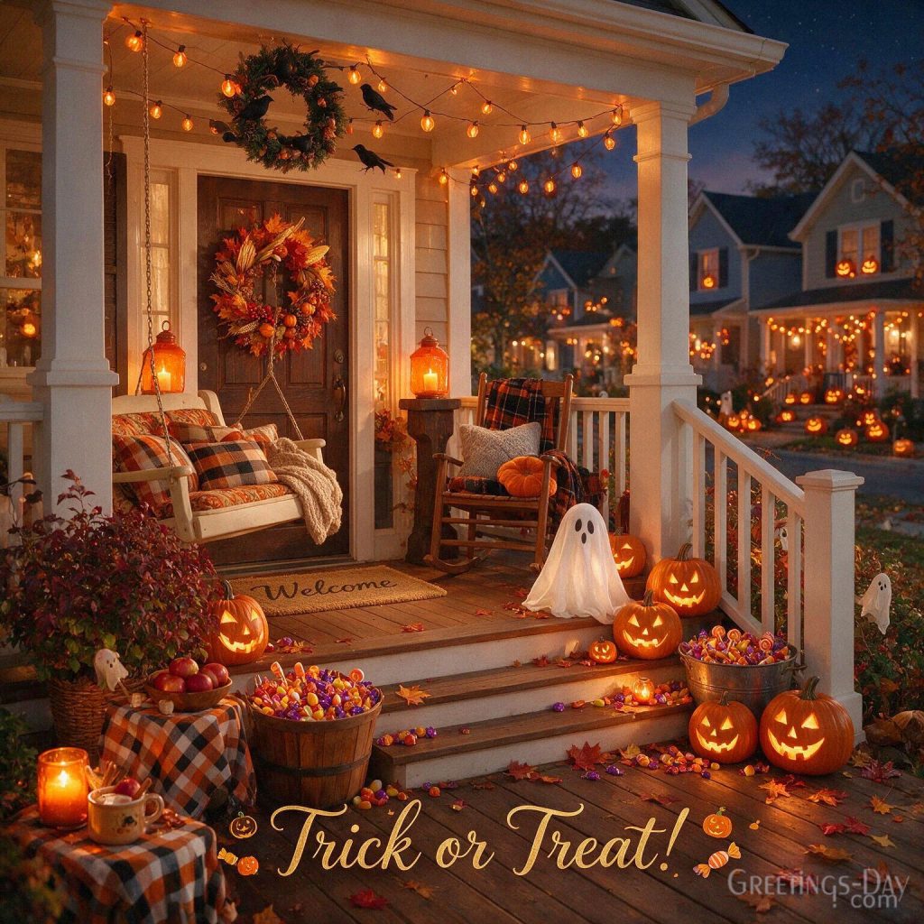 Trick or Treat Halloween card with glowing jack-o’-lanterns