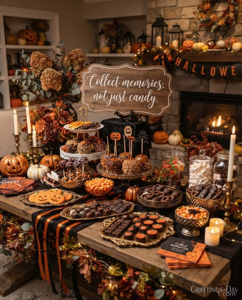 Halloween quote picture featuring trick or treat candy table, pumpkins, candles, and festive autumn decorations