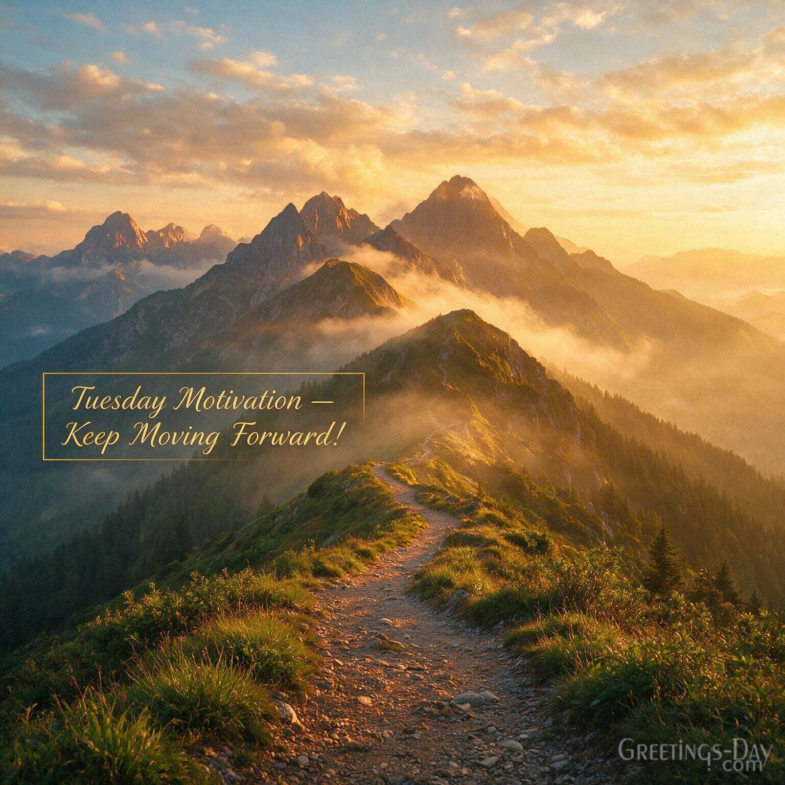 Tuesday Motivation image with an inspiring mountain sunrise and scenic trail featuring “Tuesday Motivation — Keep Moving Forward!” with the text "Tuesday Motivation — Keep Moving F