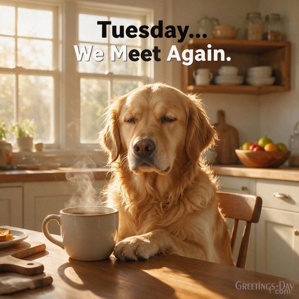 Cute funny Tuesday image with a sleepy golden retriever and steaming coffee featuring the relatable message “Tuesday… We Meet Again.” with the text 