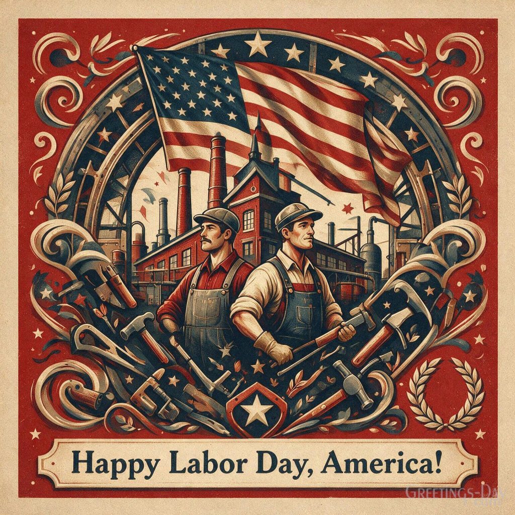 Vintage Happy Labor Day card with American workers