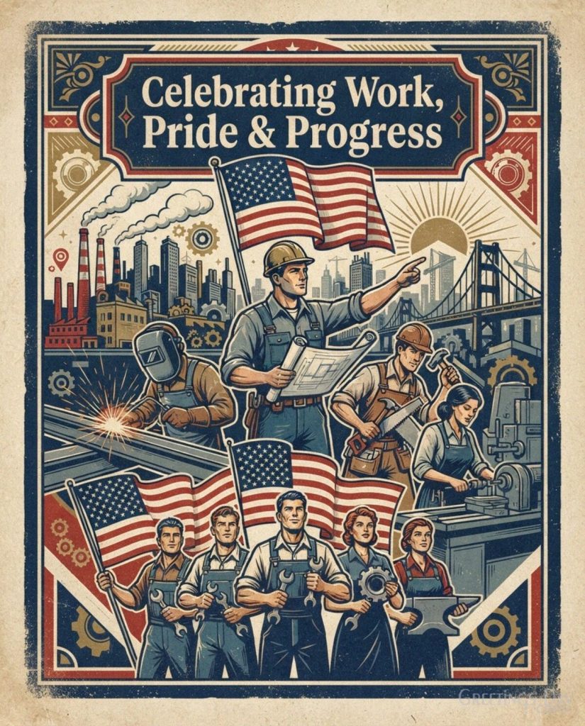 Vintage Labor Day card with American worker artwork and “Here’s to Hard Work & Good Times” greeting with the text