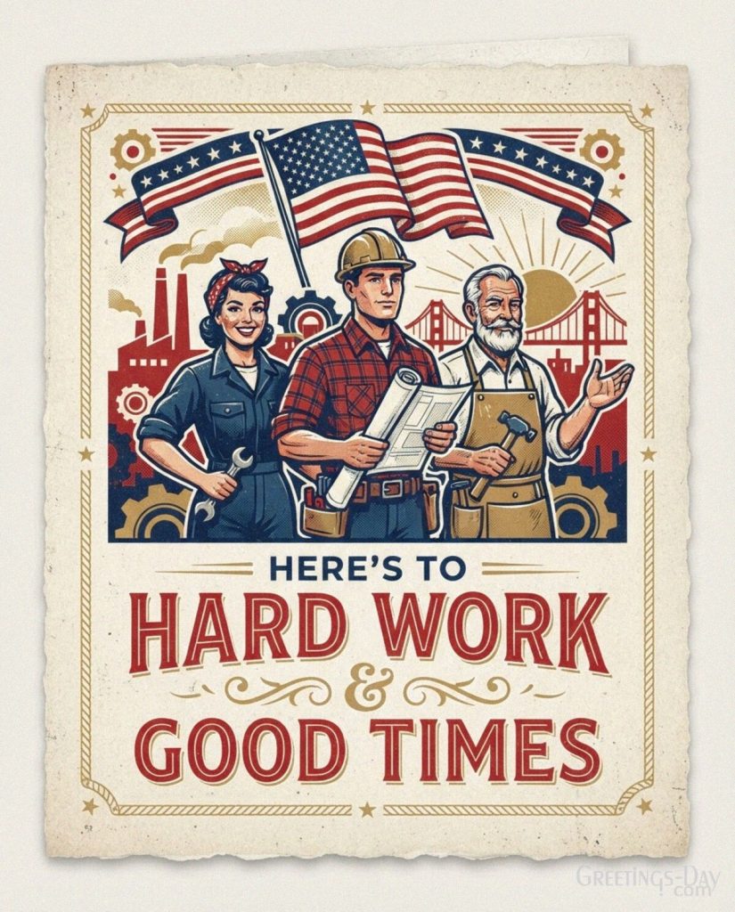Vintage Labor Day card with American worker artwork and “Here’s to Hard Work & Good Times” greeting with the text