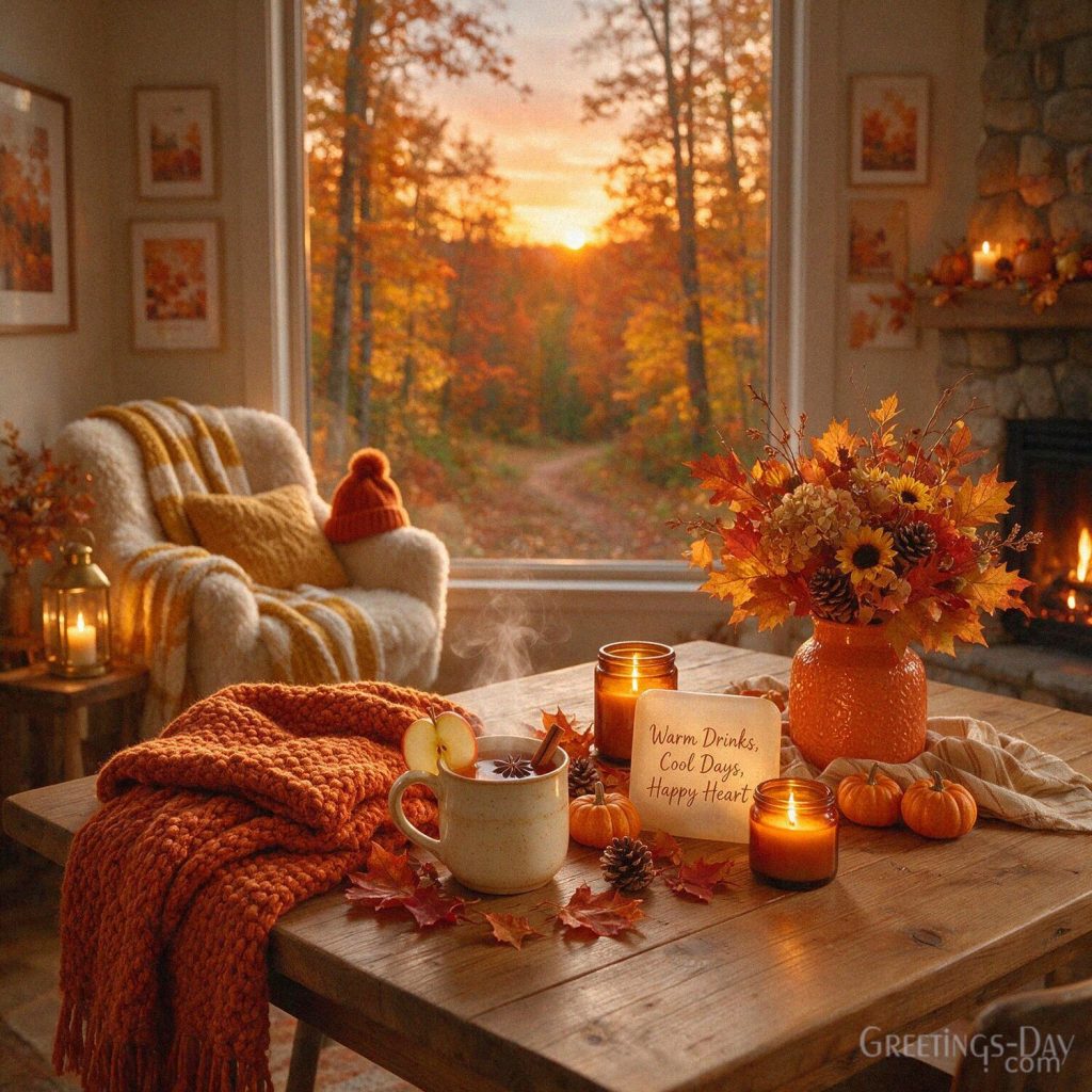 Cozy fall picture with steaming coffee