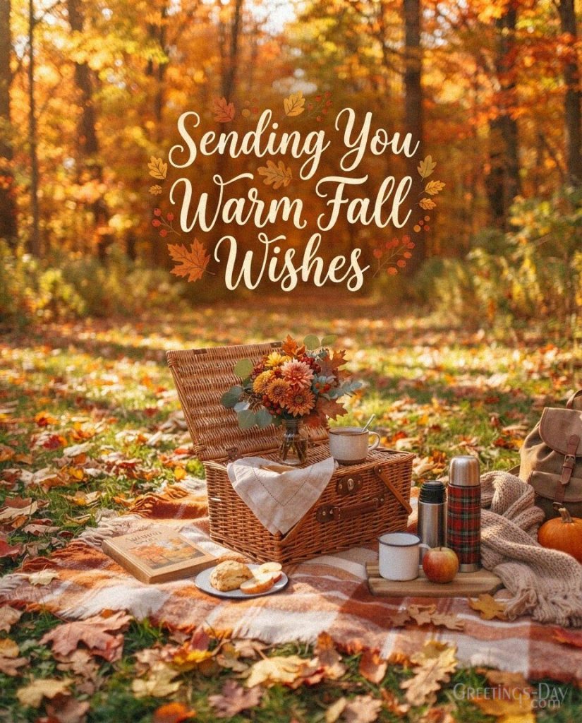Fall friendship image with a cozy picnic and colorful autumn leaves featuring “Sending You Warm Fall Wishes.” with the text