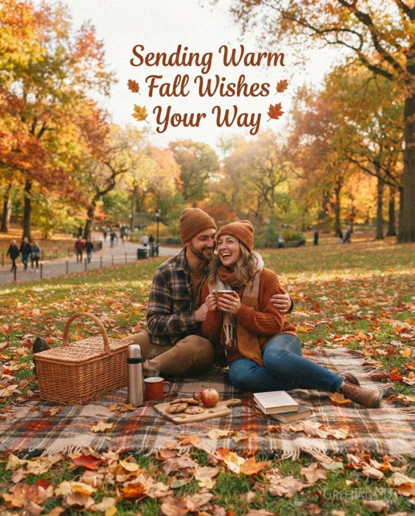 Warm fall wishes for friends with an autumn picnic scene and the message “Sending Warm Fall Wishes Your Way.” with the text 