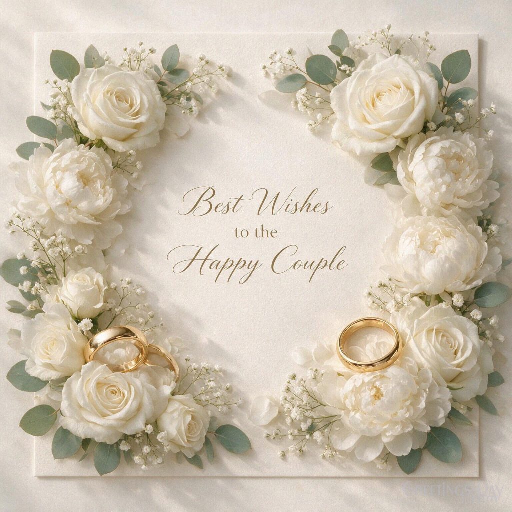 Elegant wedding greeting card with white flowers and gold rings saying “Best Wishes to the Happy Couple” with the text 