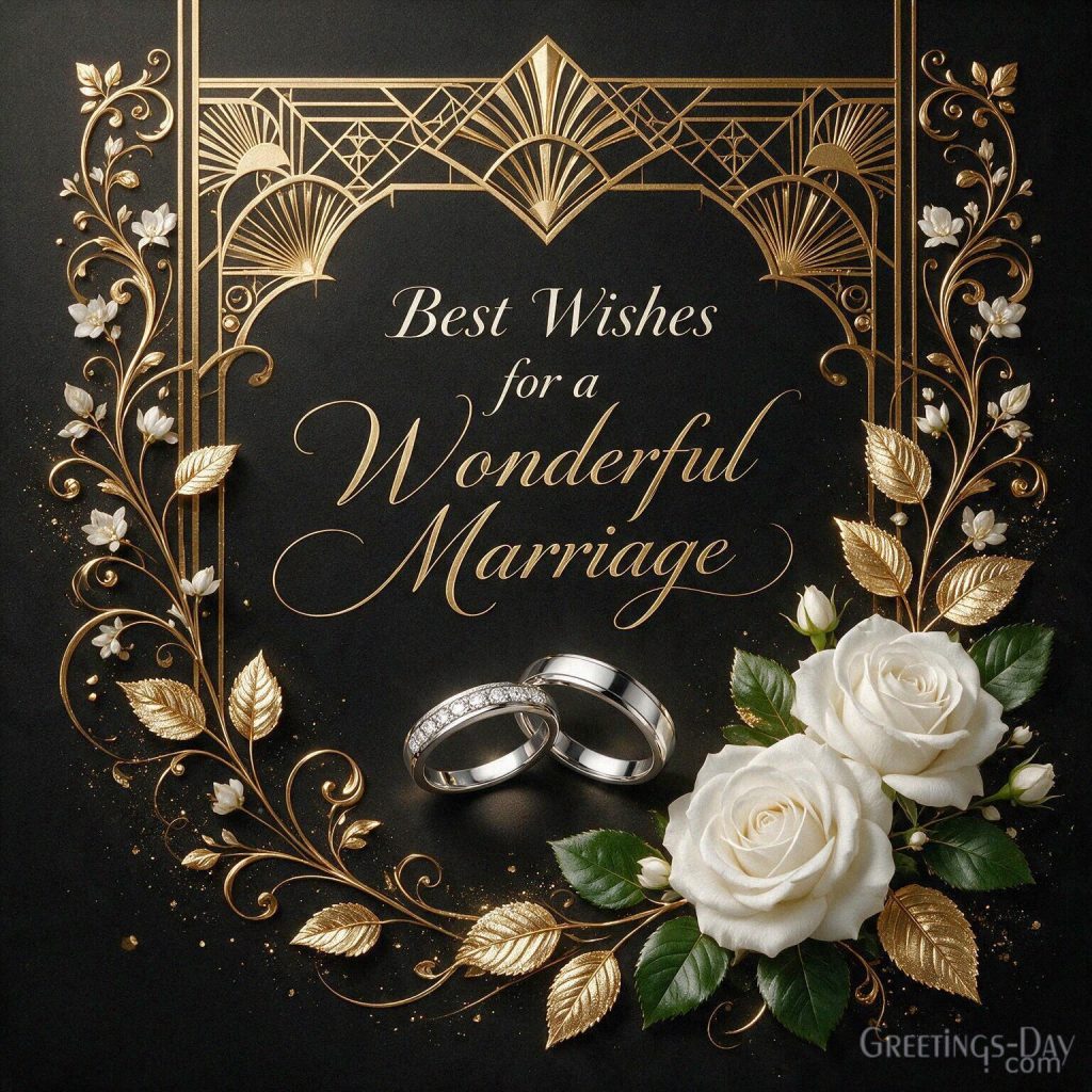 Classy black and gold wedding greeting card saying “Best Wishes for a Wonderful Marriage” with the text