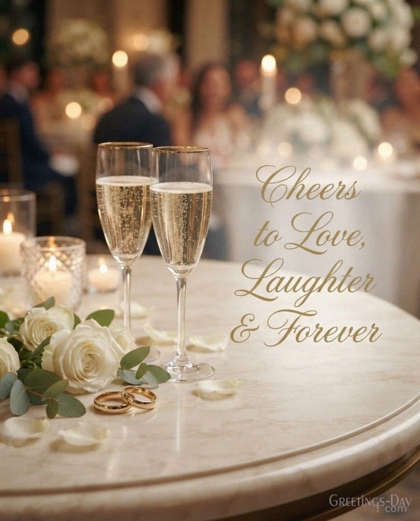 Elegant wedding greeting card with champagne and wedding rings featuring “Cheers to Love