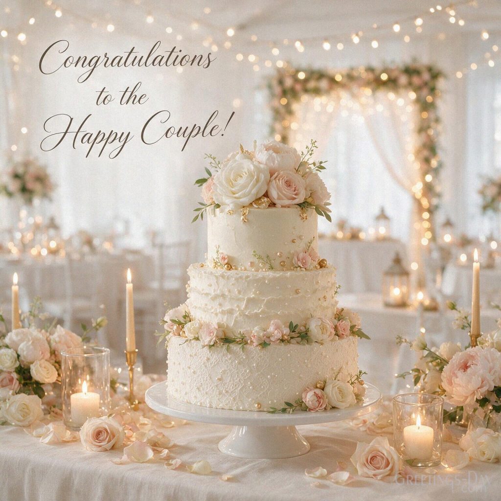 Beautiful wedding card with an elegant floral wedding cake saying “Congratulations to the Happy Couple!” with the text