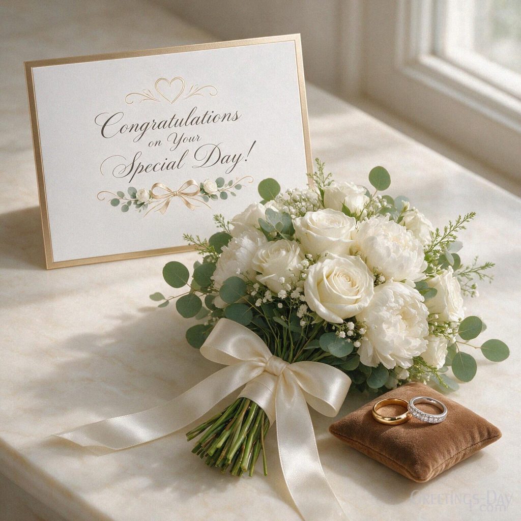Elegant wedding card with bridal bouquet and gold rings saying “Congratulations on Your Special Day!” with the text