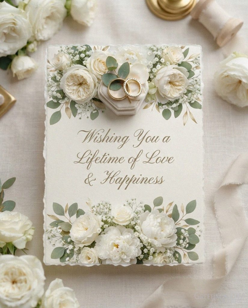 Beautiful wedding card with white roses and gold rings featuring “Wishing You a Lifetime of Love & Happiness” with the text 