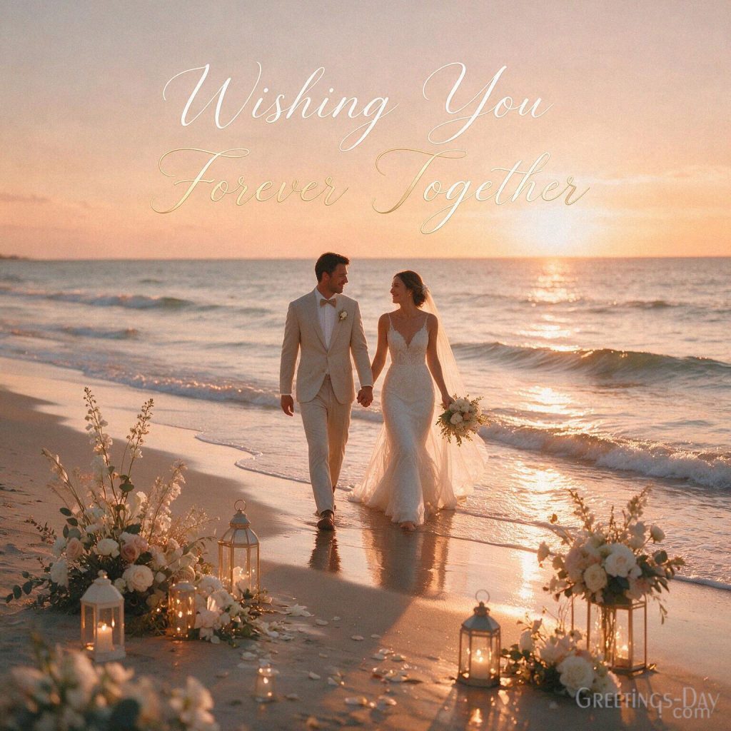Romantic wedding wishes card with newlywed couple by the ocean saying “Wishing You Forever Together” with the text