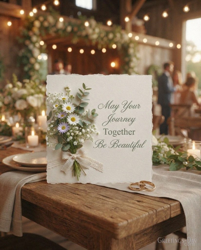 Rustic wedding wishes card with eucalyptus and flowers featuring “May Your Journey Together Be Beautiful” with the text 