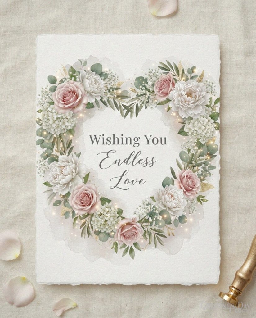 Elegant wedding wishes card with pink roses and white peonies featuring “Wishing You Endless Love” with the text 