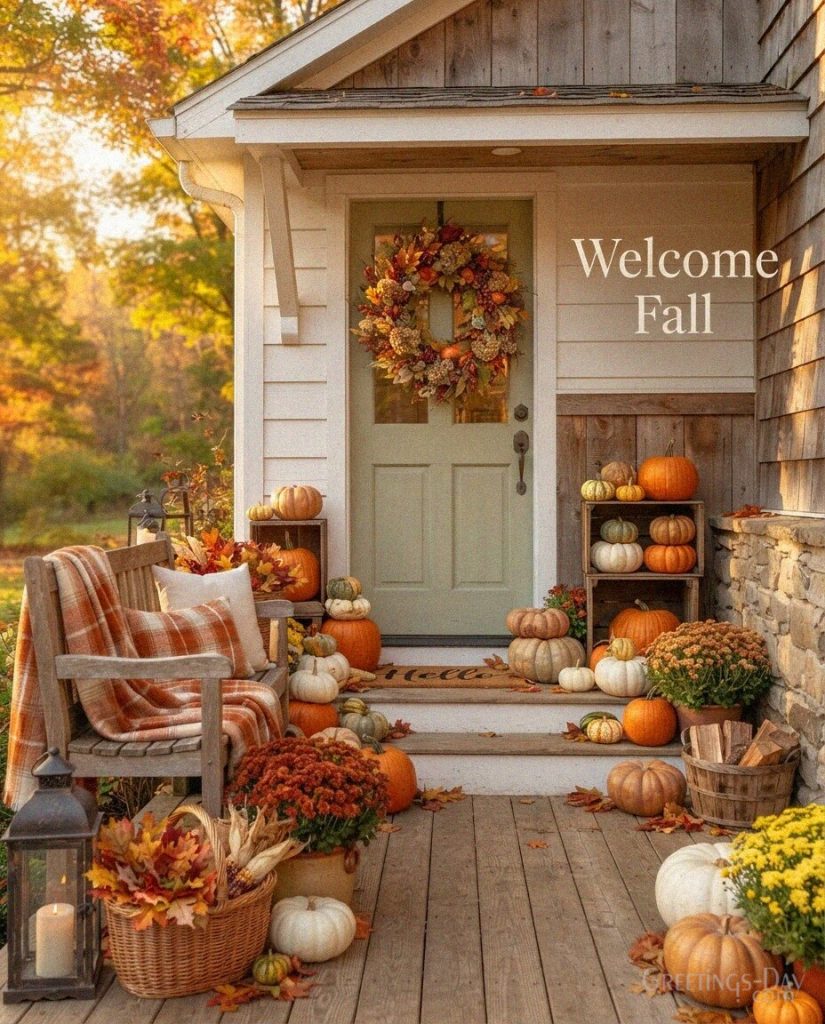 Welcome Fall greeting with pumpkins