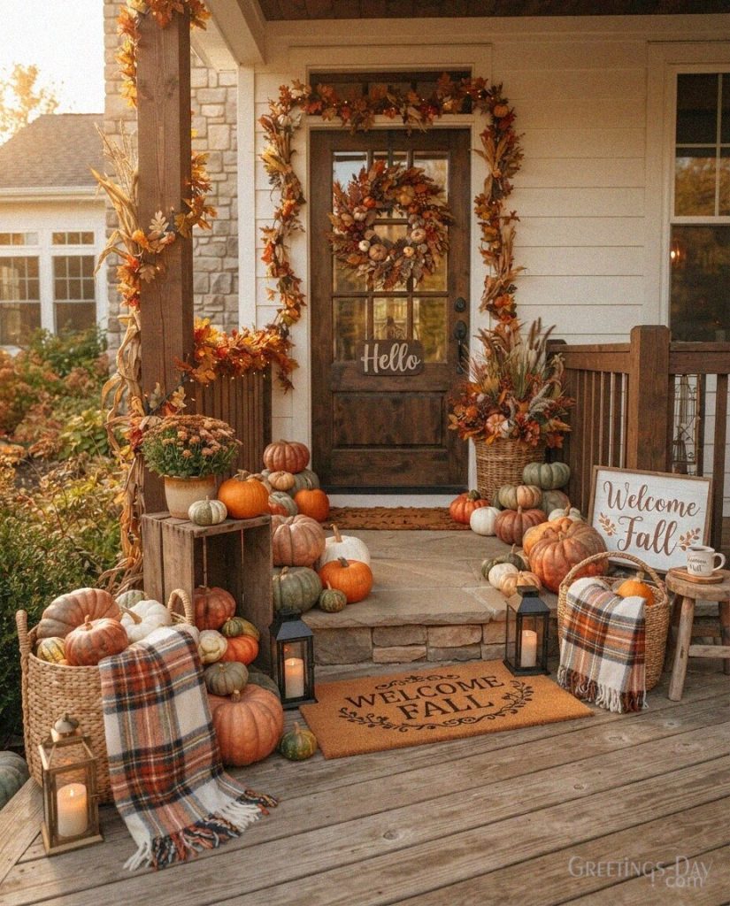 Welcome Fall image featuring orange and white pumpkins