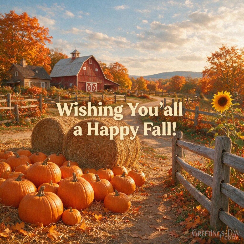 Happy fall greeting with pumpkins and colorful autumn foliage featuring the message “Wishing Y’all a Happy Fall!” with the text 