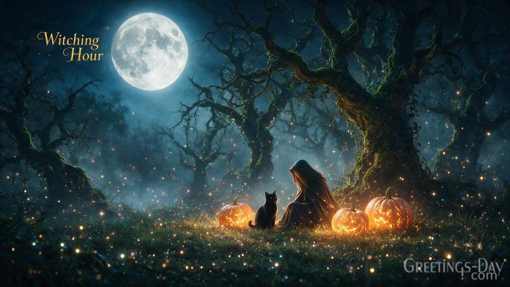 Witching Hour Halloween wallpaper with black cat pumpkins and fantasy night scenery