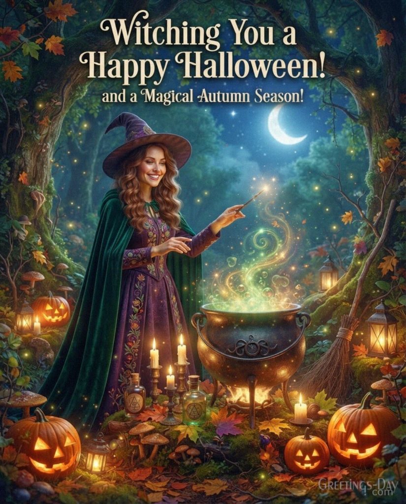 Witch Halloween greeting card with an enchanted cauldron