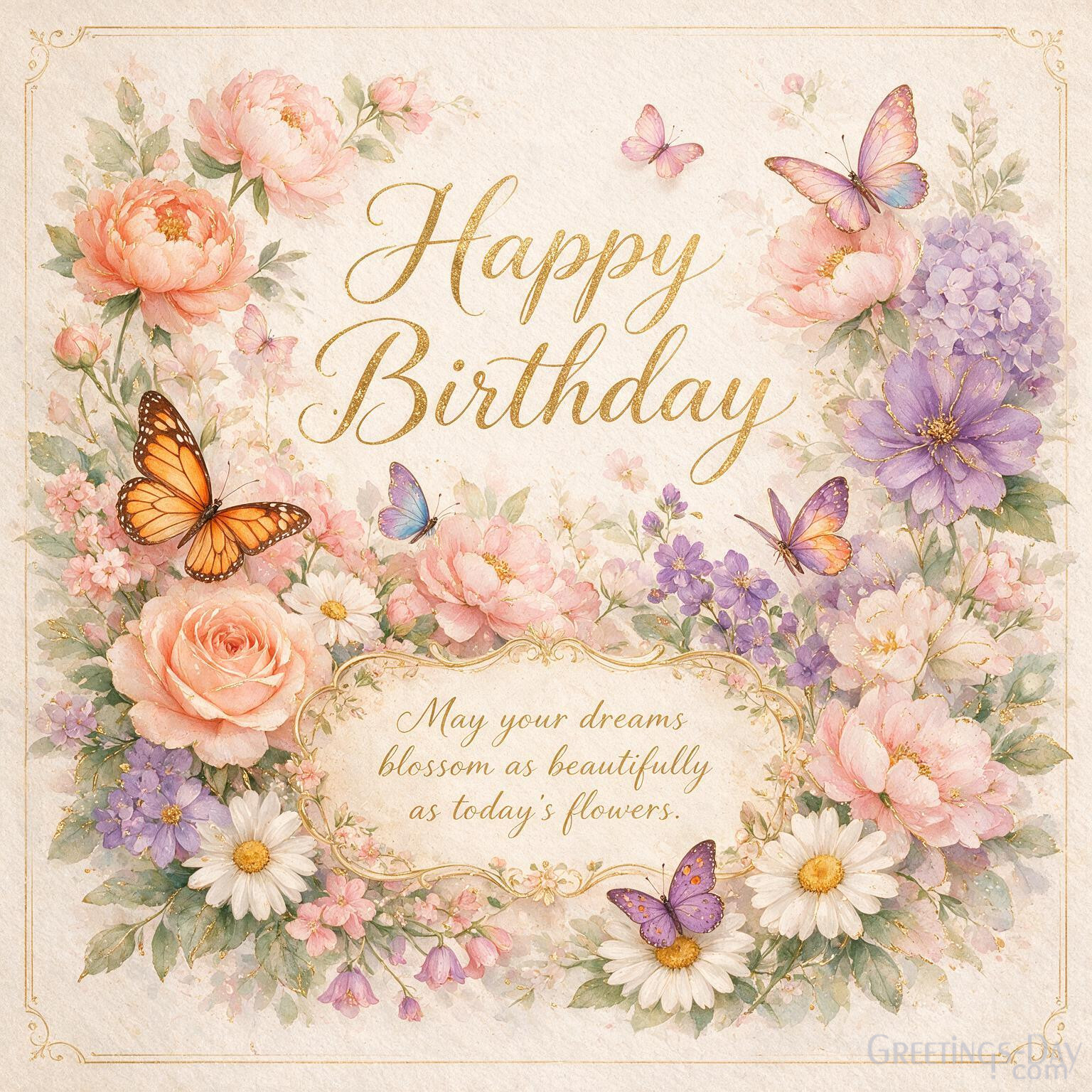Elegant watercolor Birthday picture with floral blossoms saying "Have a Wonderful Birthday. May your dreams blossom as beautifully as today's flowers."