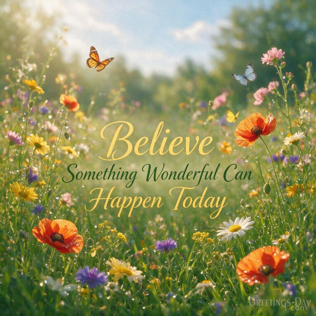Inspirational Tuesday greeting with colorful wildflowers and butterflies featuring “Believe Something Wonderful Can Happen Today.” with the text 