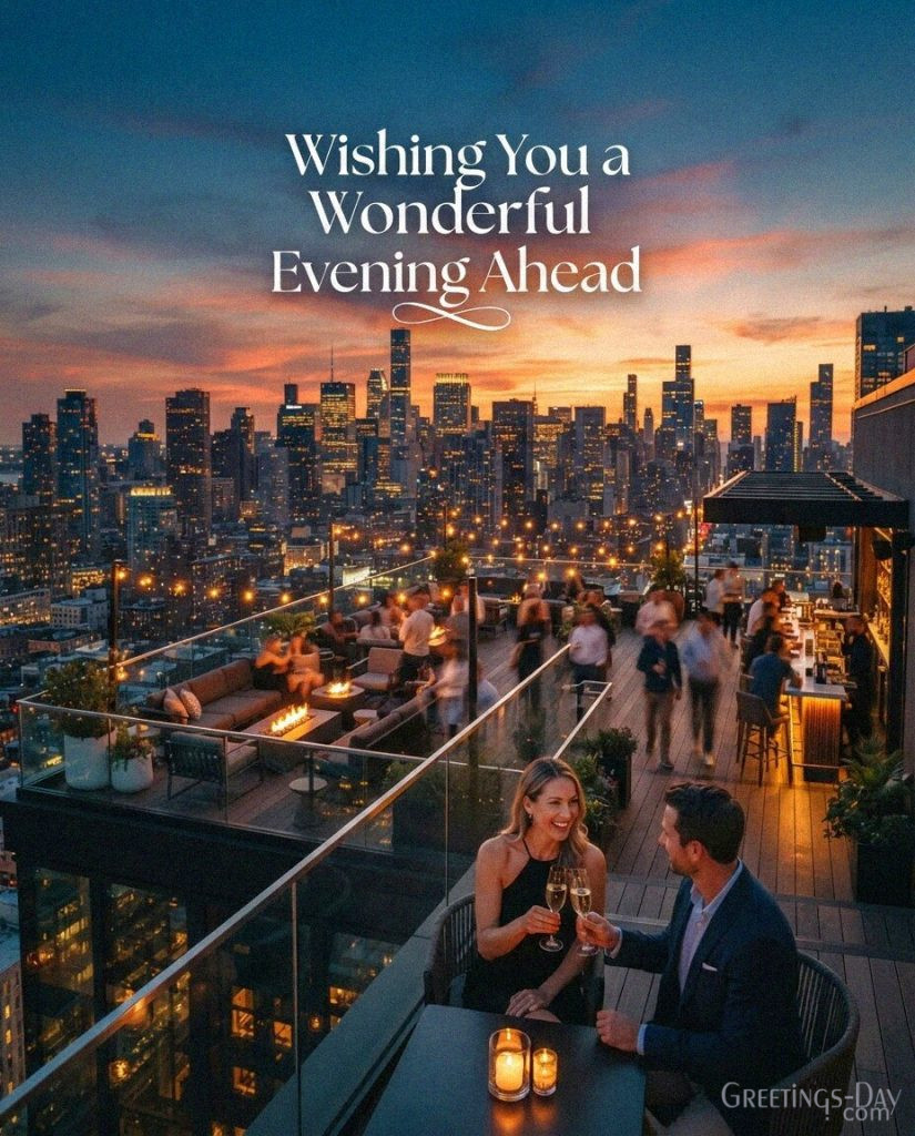 Beautiful Good Evening city image with sunset colors and sparkling skyline lights saying “Wishing You a Wonderful Evening Ahead.” with the text