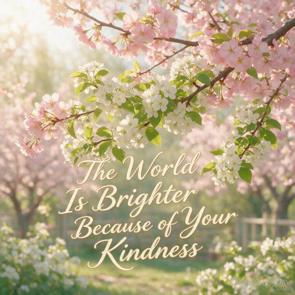 Uplifting gratitude image with glowing pink blossoms and the message “The World Is Brighter Because of Your Kindness.” with the text