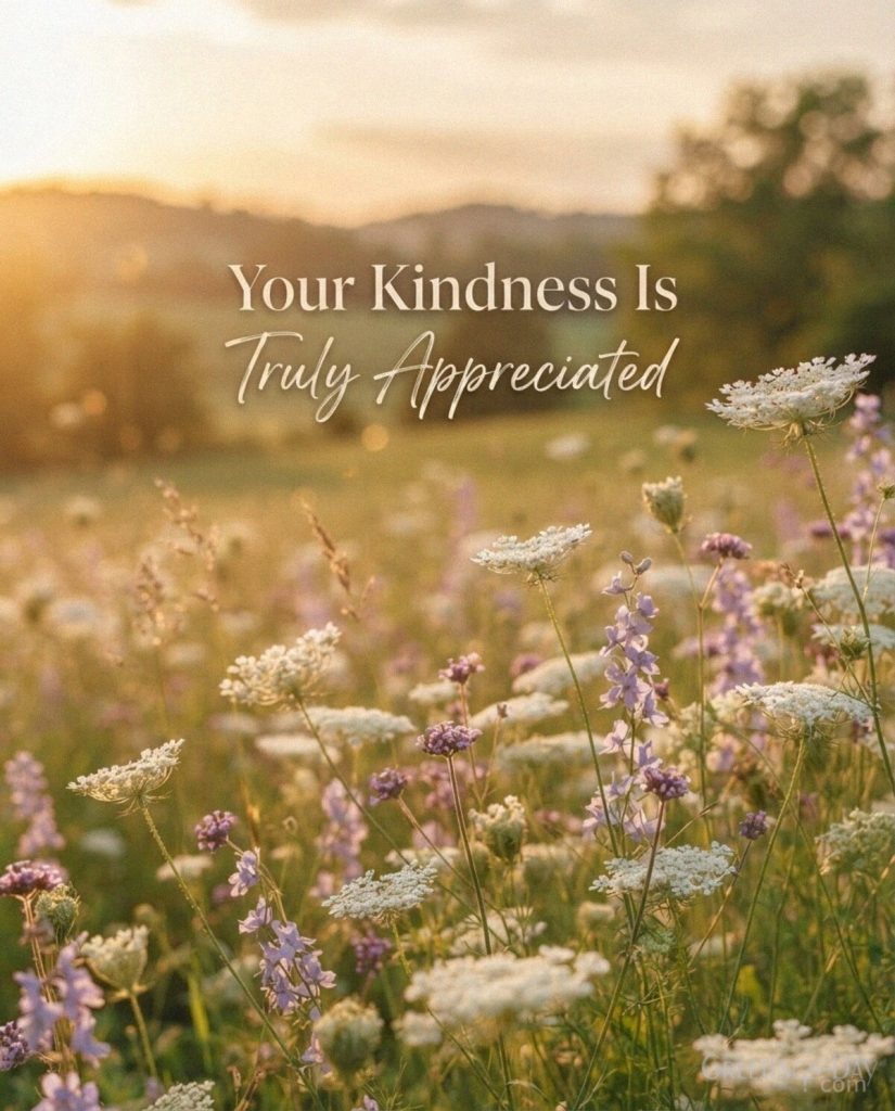 Inspirational appreciation image with soft wildflowers and the message “Your Kindness Is Truly Appreciated.” with the text 