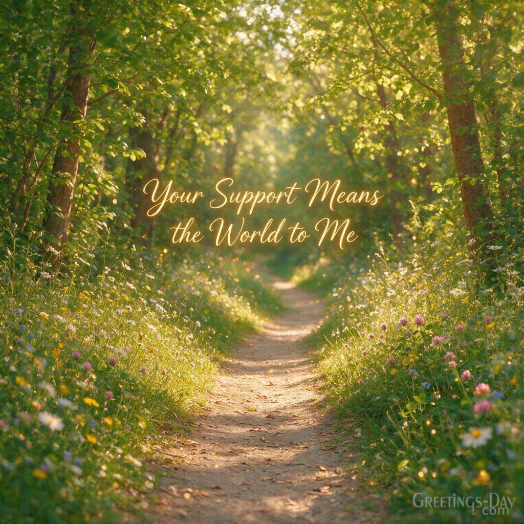 Meaningful appreciation image with warm woodland sunlight and the message “Your Support Means the World to Me.” with the text 