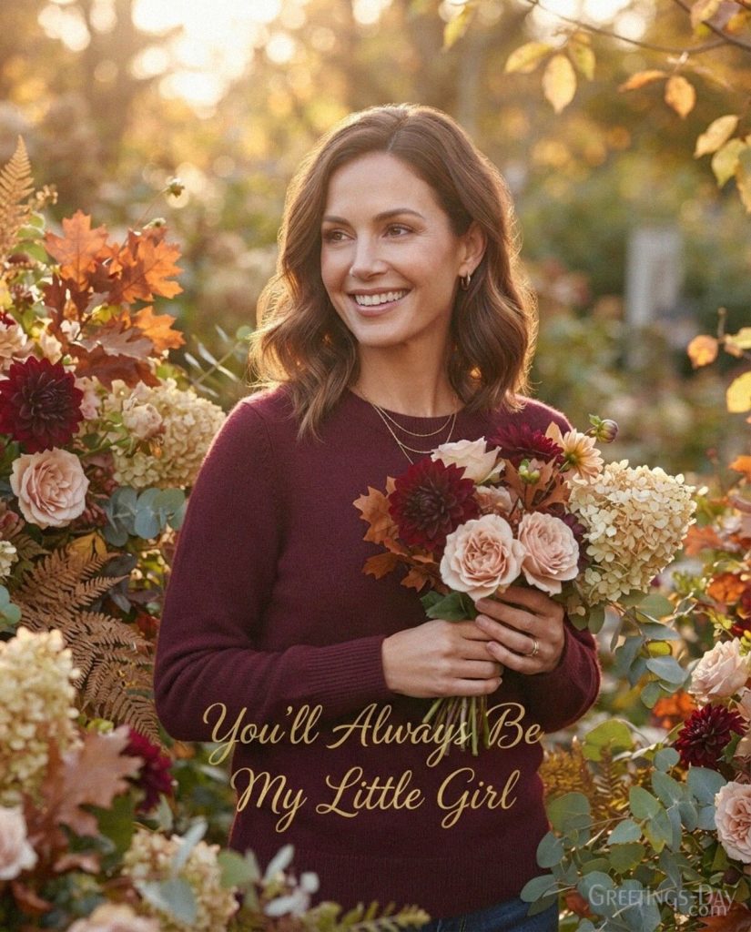 Sentimental card for a grown daughter with warm golden leaves and the words “You’ll Always Be My Little Girl.” with the text 