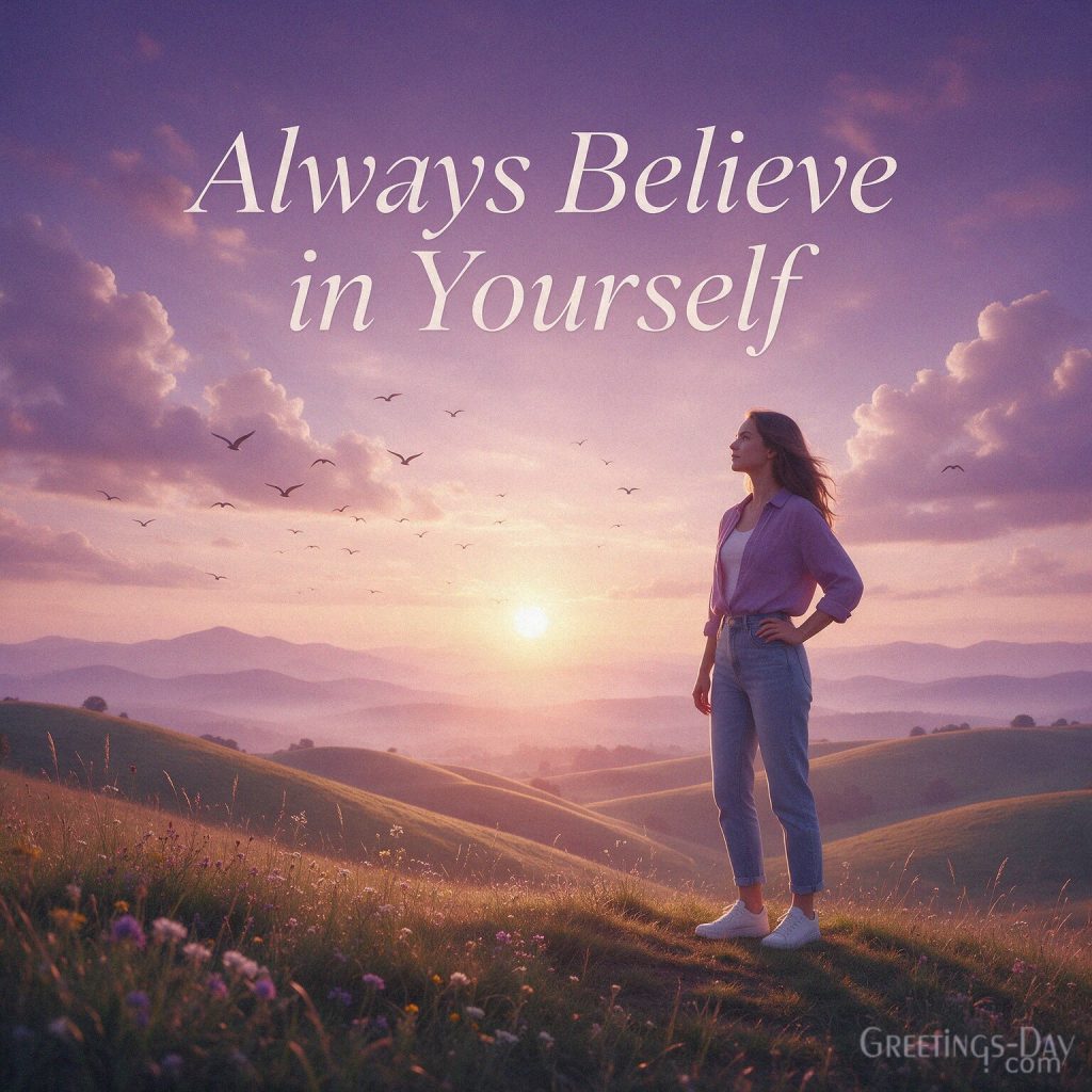 Encouraging greeting card for a daughter looking toward a bright horizon with “Always Believe in Yourself.” with the text 