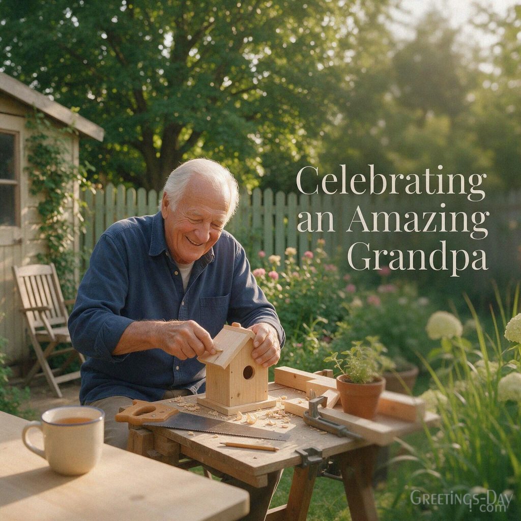 Celebrating an Amazing Grandpa picture showing a happy grandfather enjoying time in his backyard workshop with the text