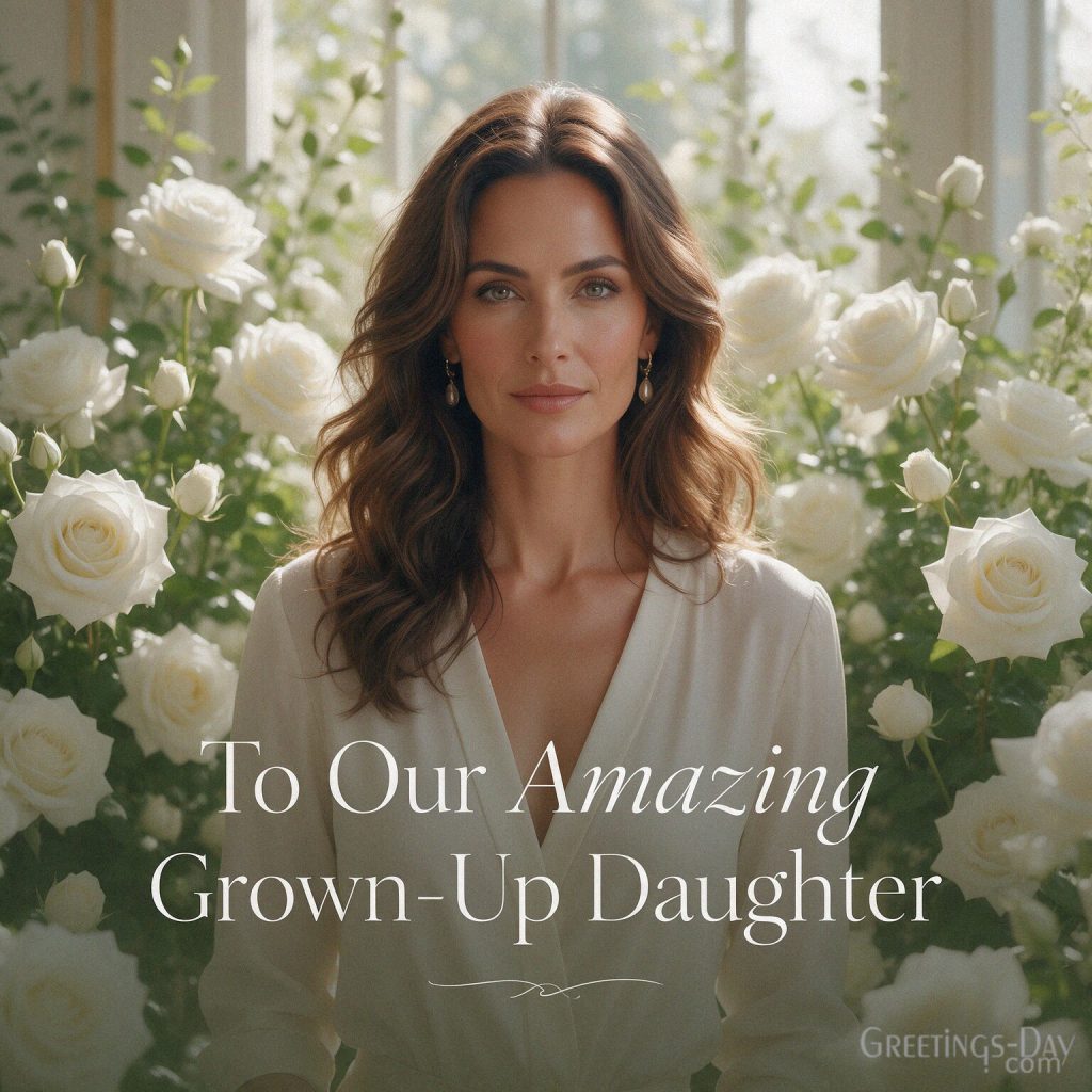 Heartfelt adult daughter message reading “To Our Amazing Grown-Up Daughter” with a sophisticated floral portrait. with the text 
