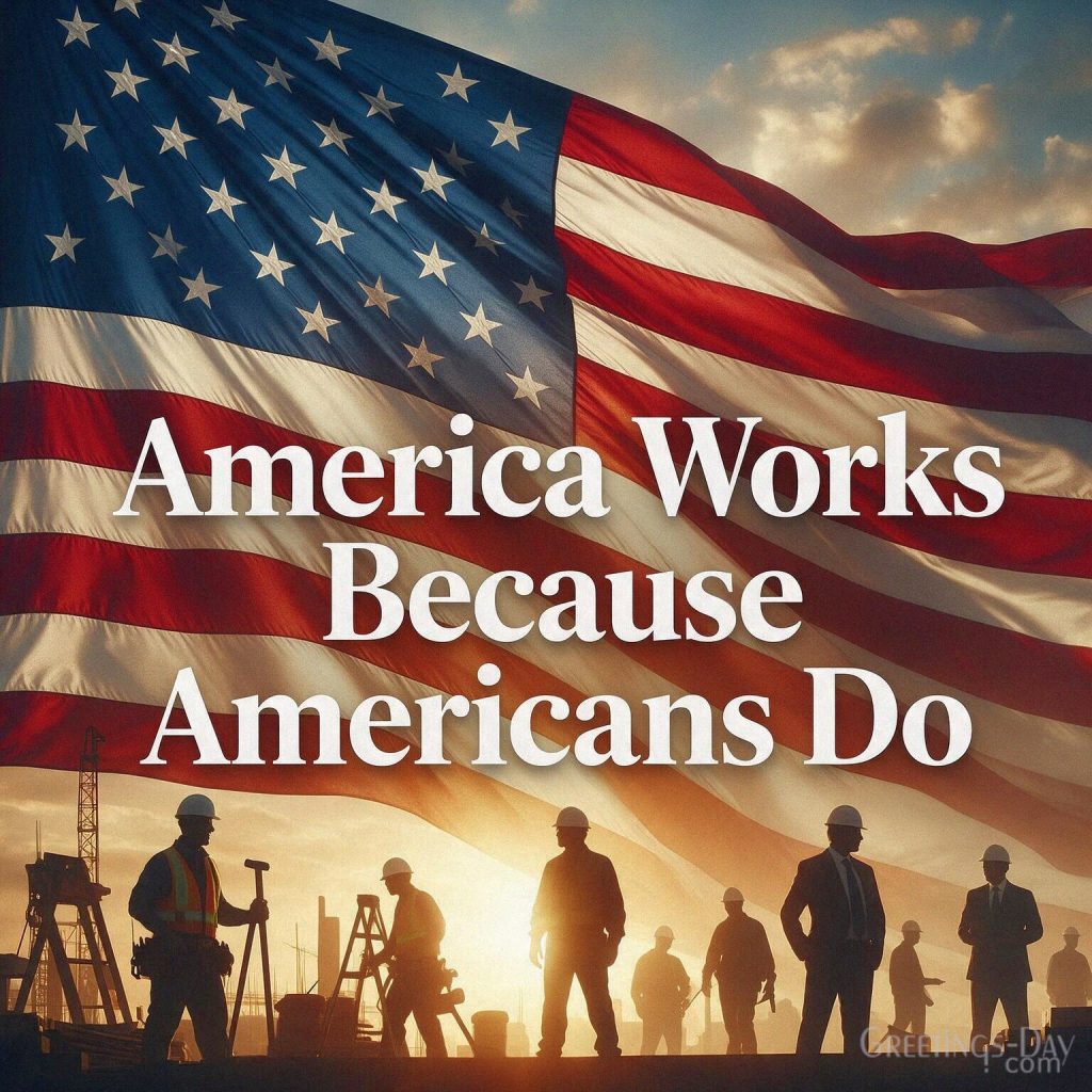 Patriotic Labor Day quote honoring American workers featuring “America Works Because Americans Do” with the text