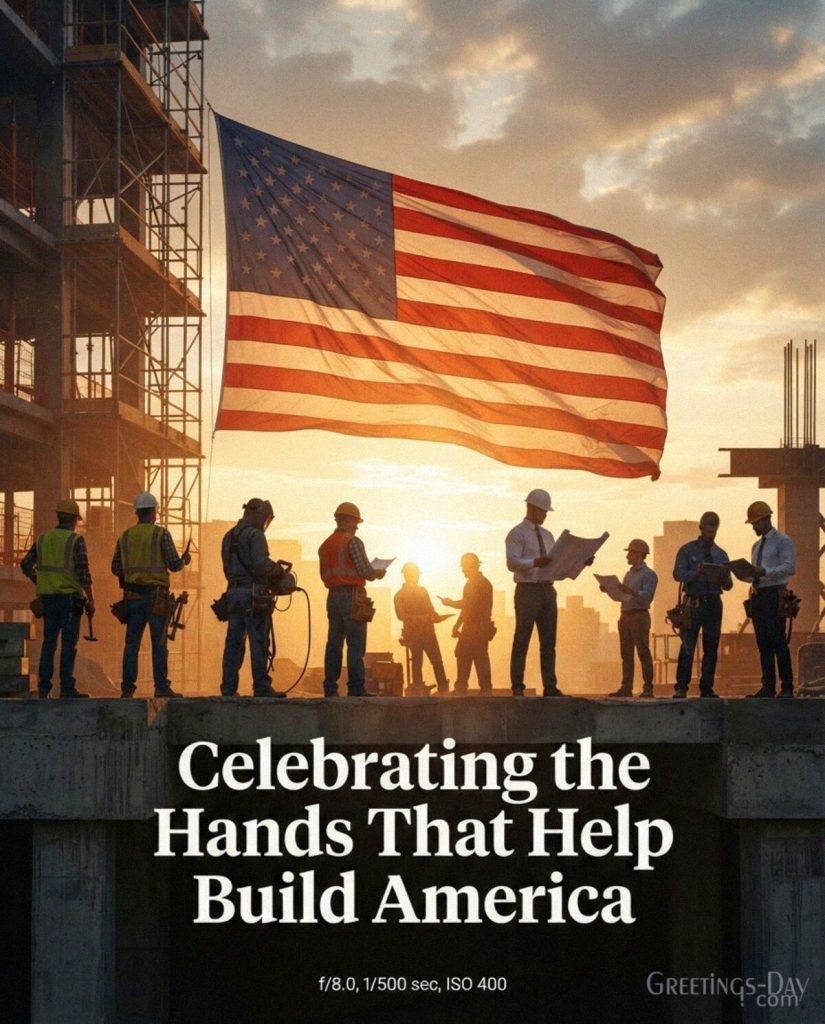 Labor Day quote celebrating American workers with U.S. flag featuring “Celebrating the Hands That Help Build America” with the text 