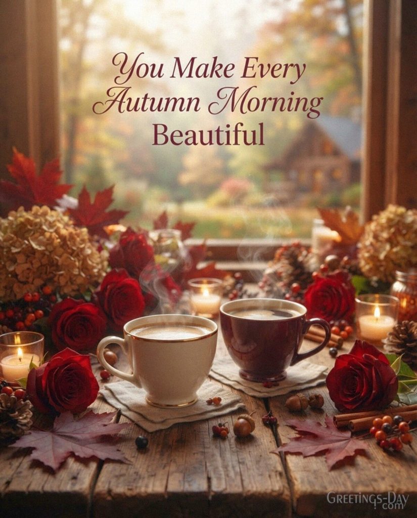Autumn morning blessings image with soft golden sunlight and colorful leaves featuring “May Your Morning Be Filled with Blessings” with the text 