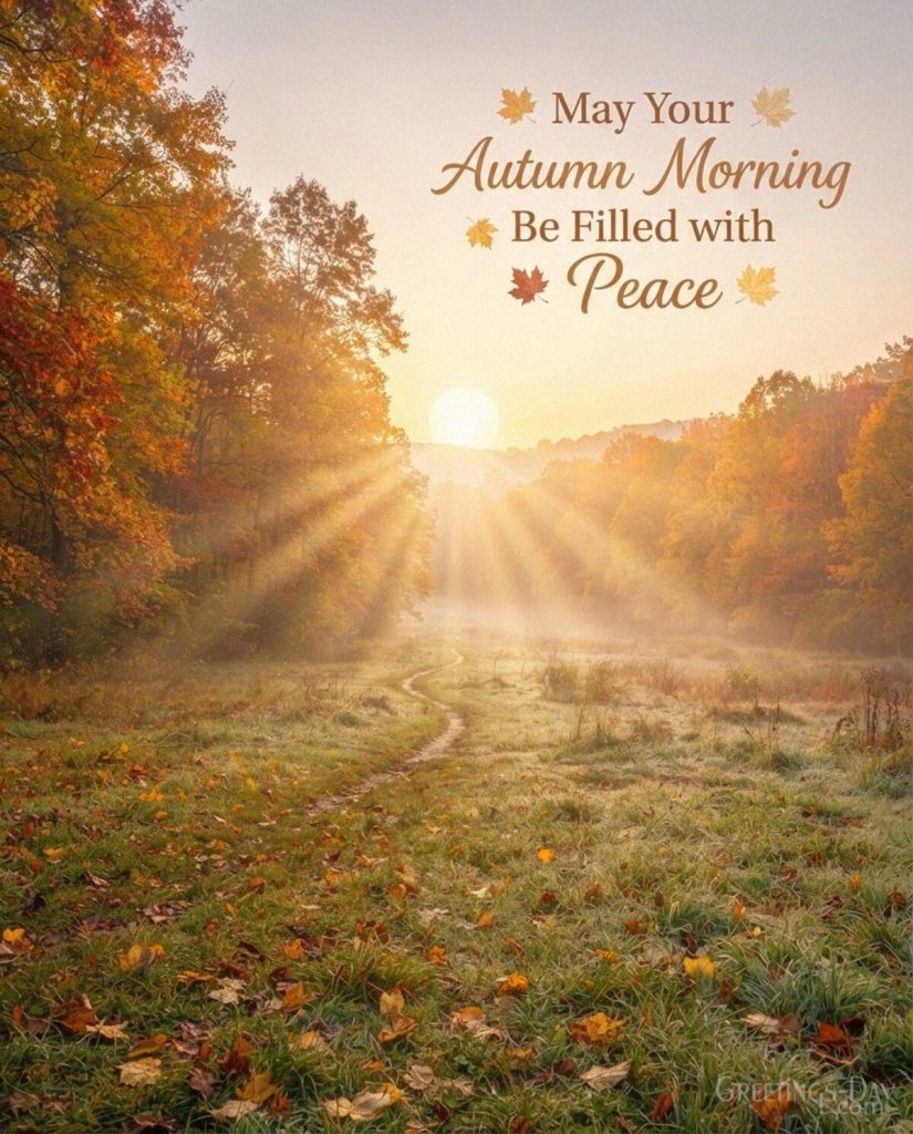 Peaceful autumn morning blessing image with golden sunrise and fall foliage featuring the wish “May Your Autumn Morning Be Filled with Peace” with the text 