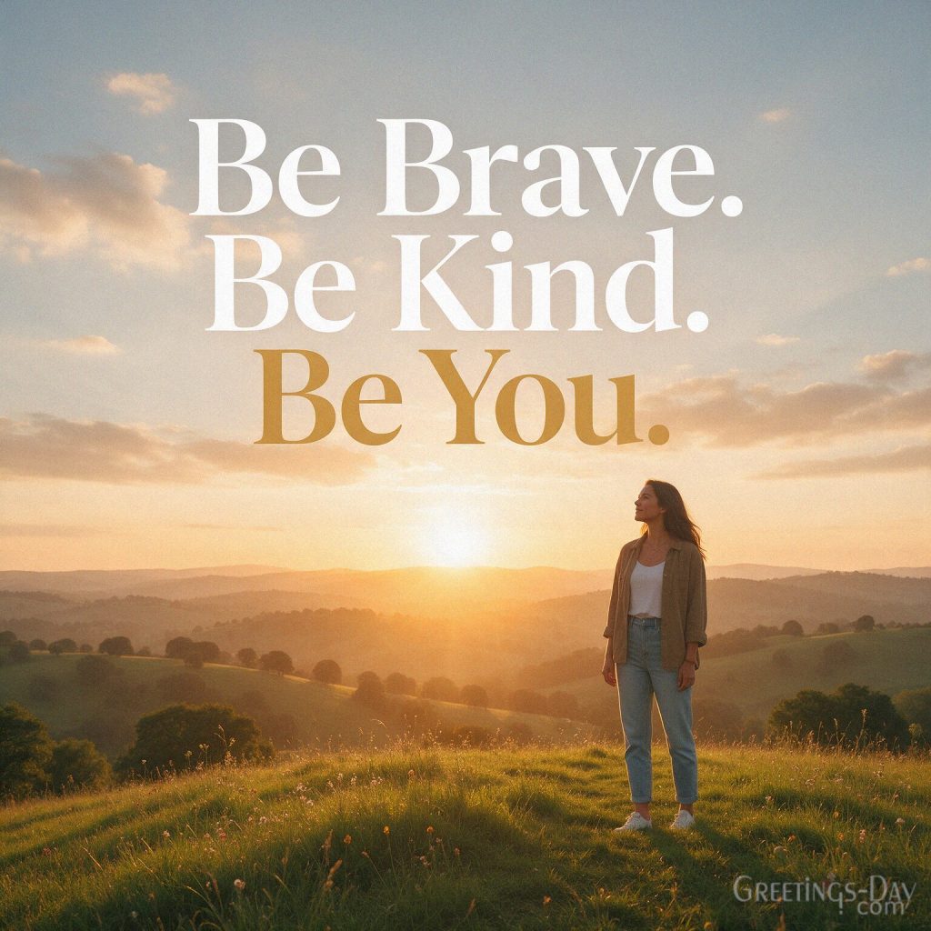 Inspirational daughter message reading “Be Brave. Be Kind. Be You.” with a confident young woman at a golden sunrise. with the text 