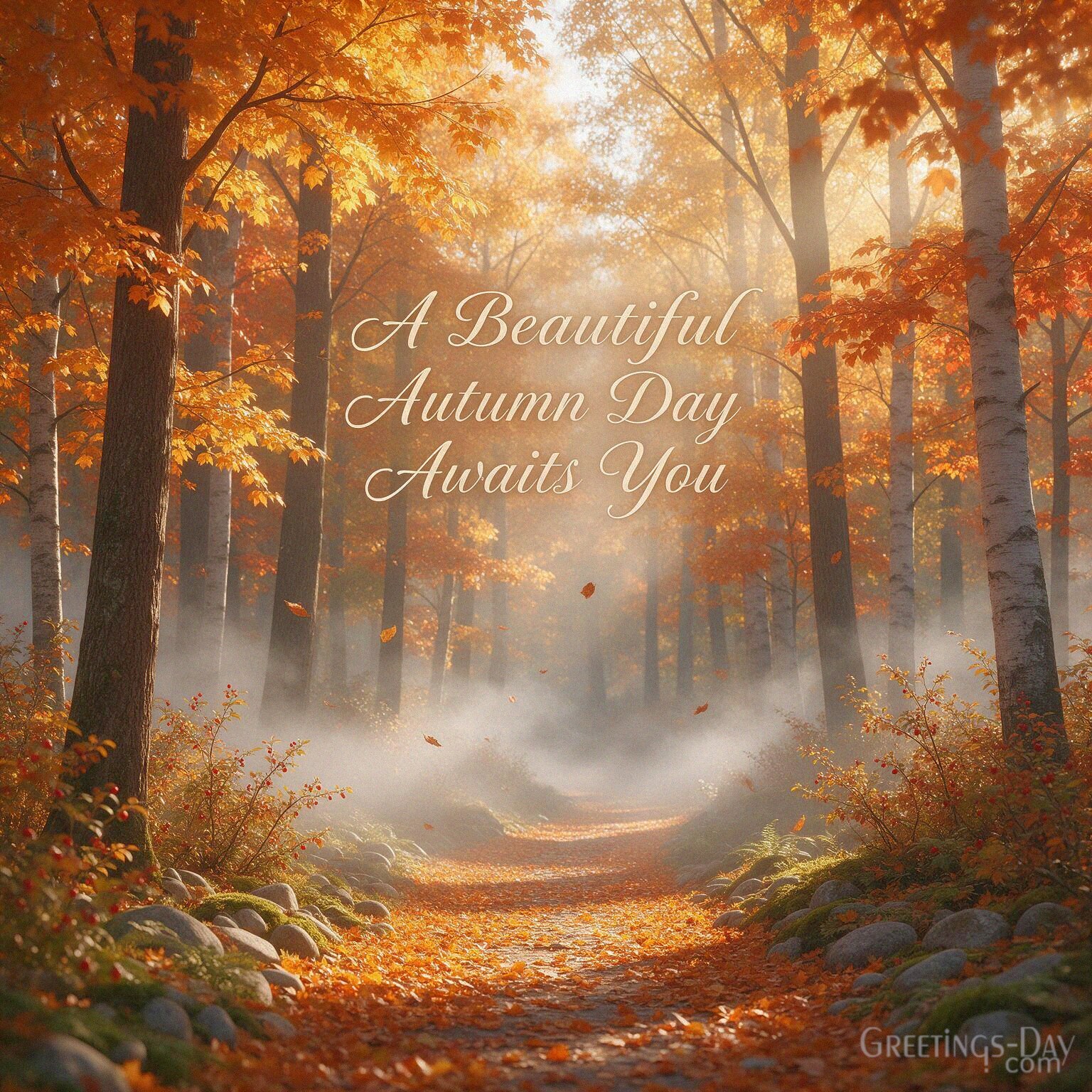 Beautiful autumn morning image with a colorful forest path and warm sunrise featuring the message “A Beautiful Autumn Day Awaits You” with the text "A Beautiful Autumn Day Awaits Y
