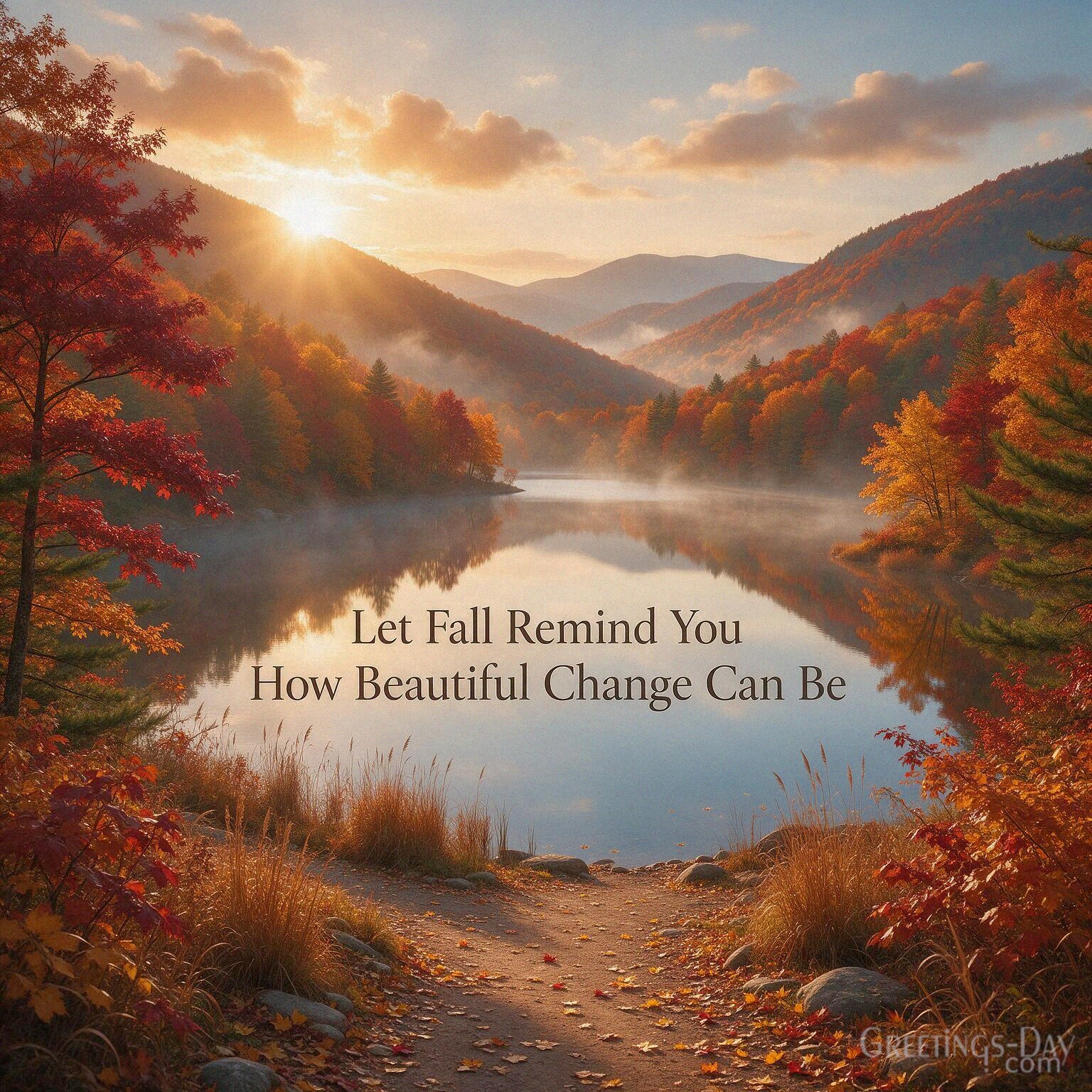 Inspirational Fall card with changing autumn leaves featuring “Let Fall Remind You How Beautiful Change Can Be” with the text "Let Fall Remind You How Beautiful Change Can Be"