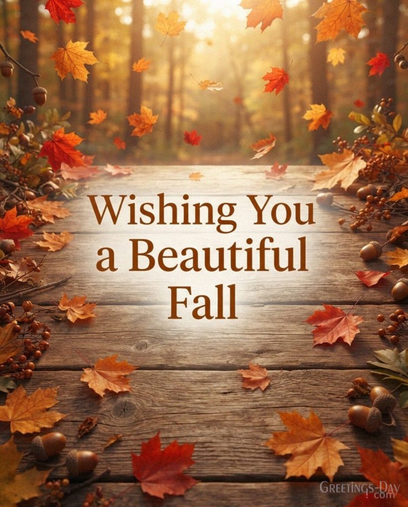 Beautiful fall greeting card with colorful autumn leaves and the message “Wishing You a Beautiful Fall” with the text